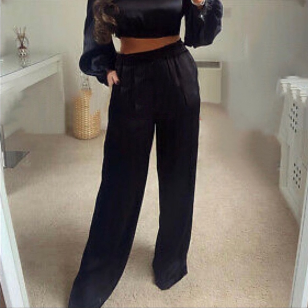 Zara Black satin wide leg drawstring pants